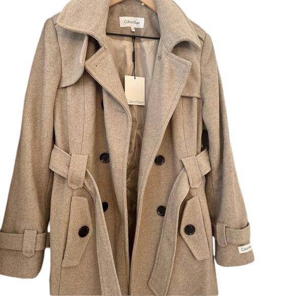 CALVIN KLEIN NWT Light Brown Button Up Belted Wrap Wool Coat – Size 10 - Picture 2 of 7